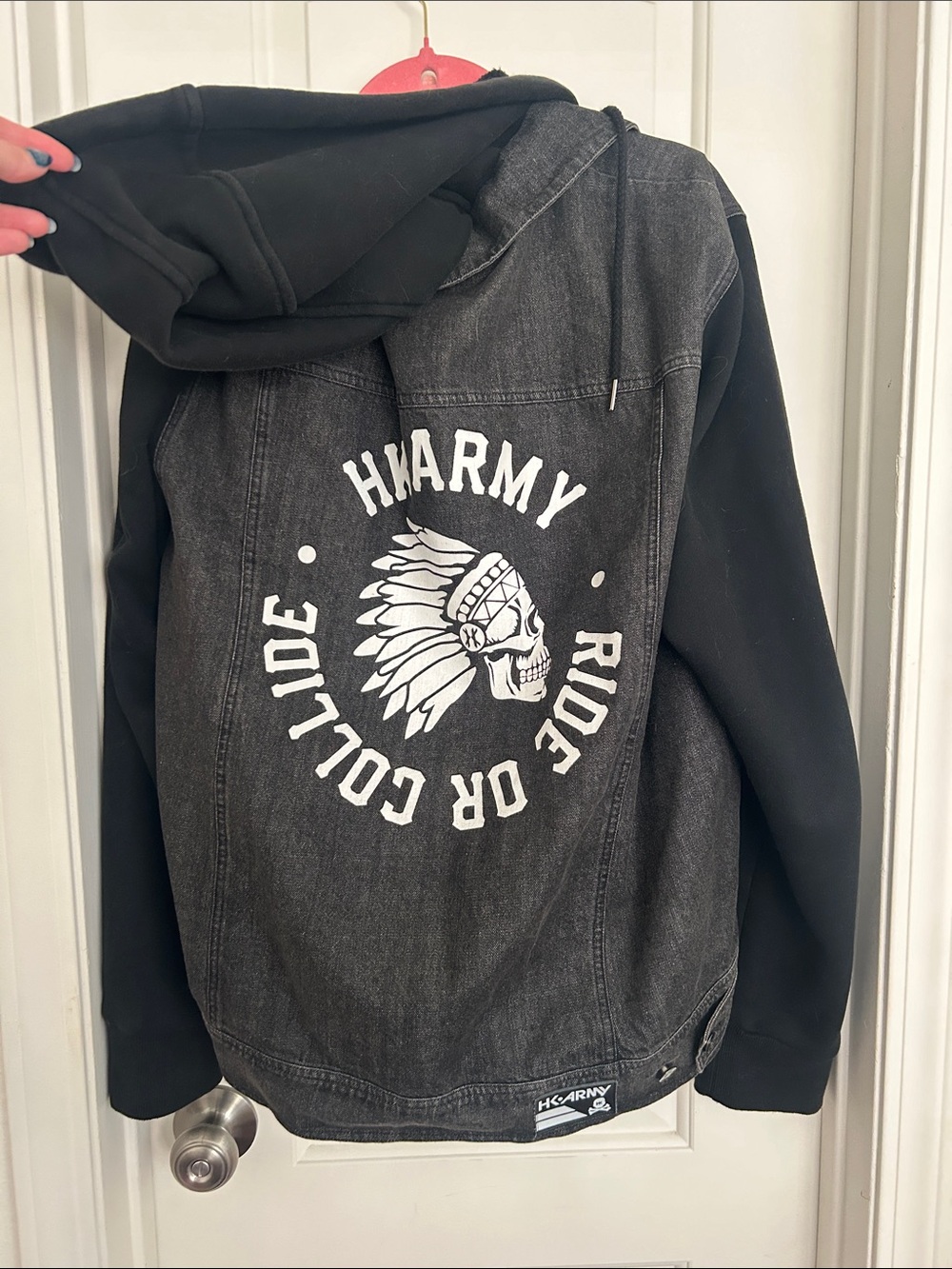 Men's Black HKArmy Hoodie Denim Jacket with Fleece sleeves // Ride or Collide